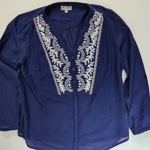 JM Collection Blouse Womens 14‎ Blue White Floral Embroidered Coastal Resortwear